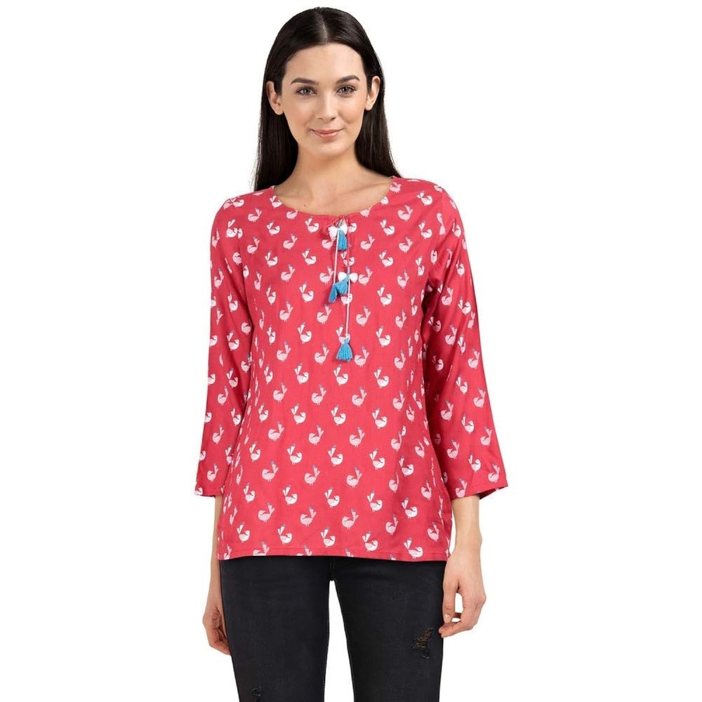 Global Desi Women's Bohemian Red Top‎ Tie Neck Tassel Detail Printed Blouse
